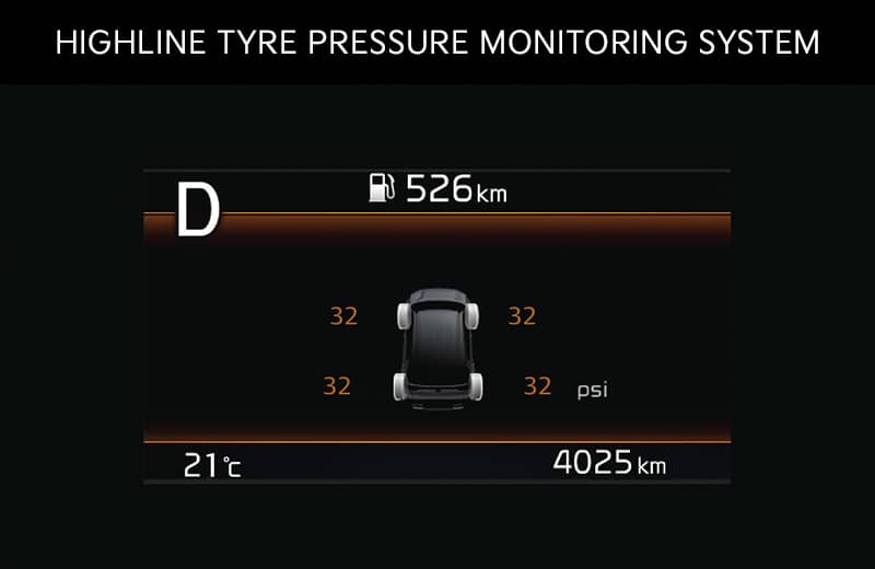 Highline Tyre Pressure Monitor displays real-time tyre pressure information and alerts if it falls below the recommended levels.
